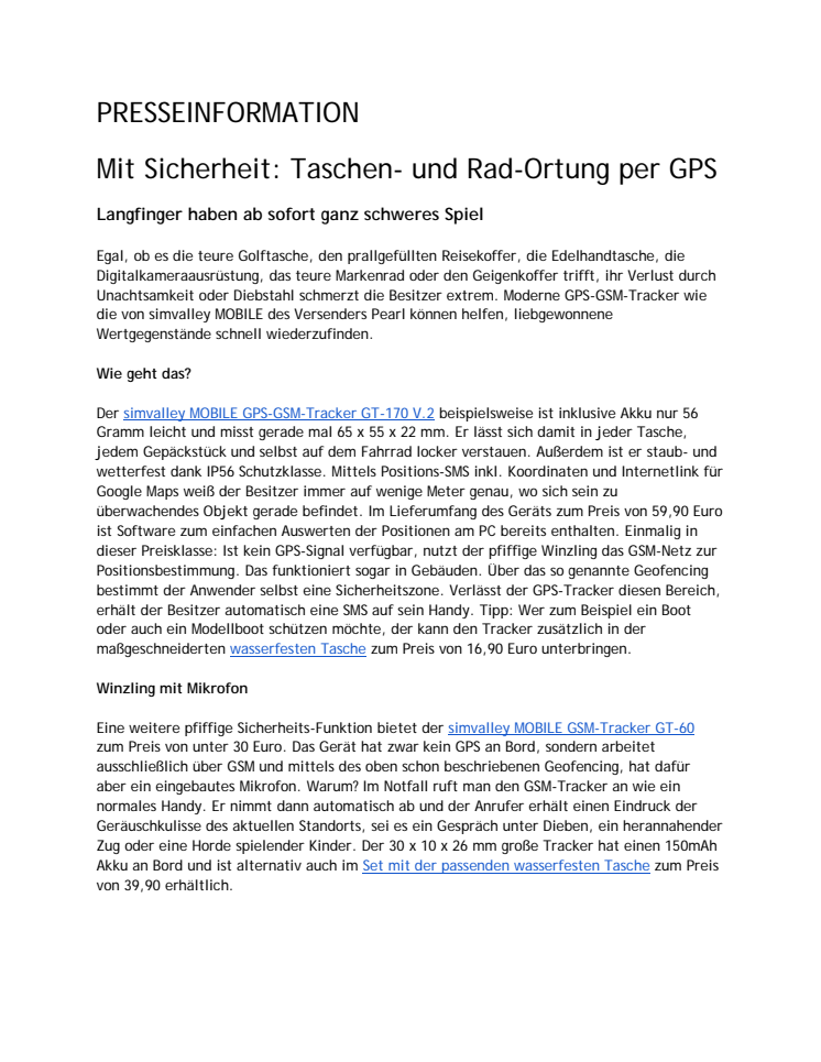 Mit Sicherheit: Taschen- und Rad-Ortung per GPS