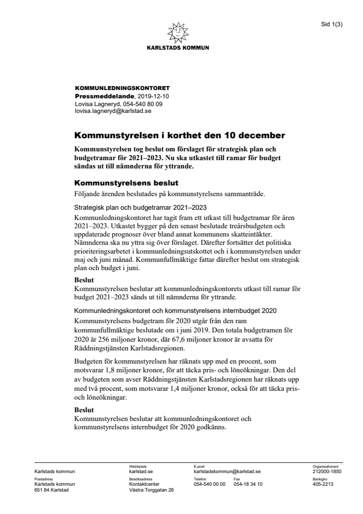 Kommunstyrelsen i korthet den 10 december