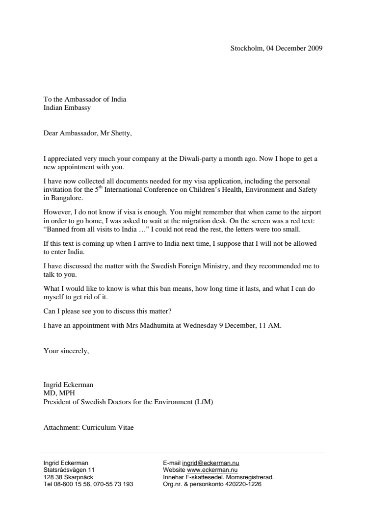 Letter to the Ambassador of India in Sweden, December 2009