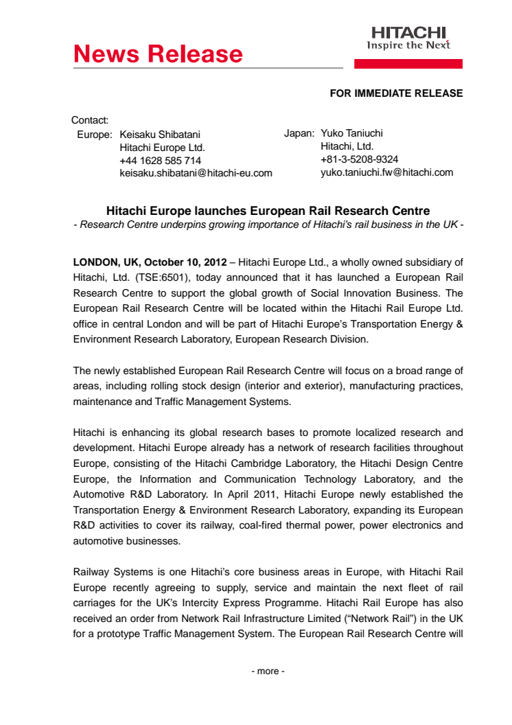 Hitachi Europe launches European Rail Research Centre