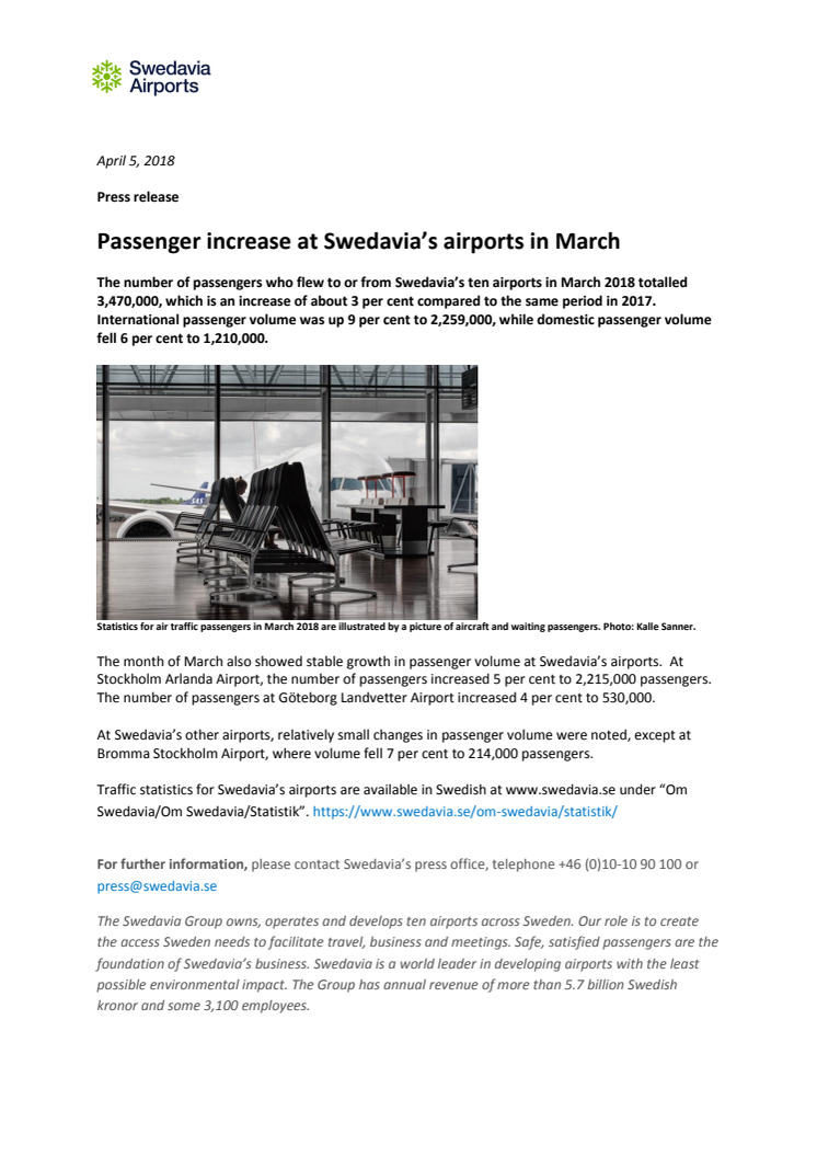 Passenger increase at Swedavia’s airports in March