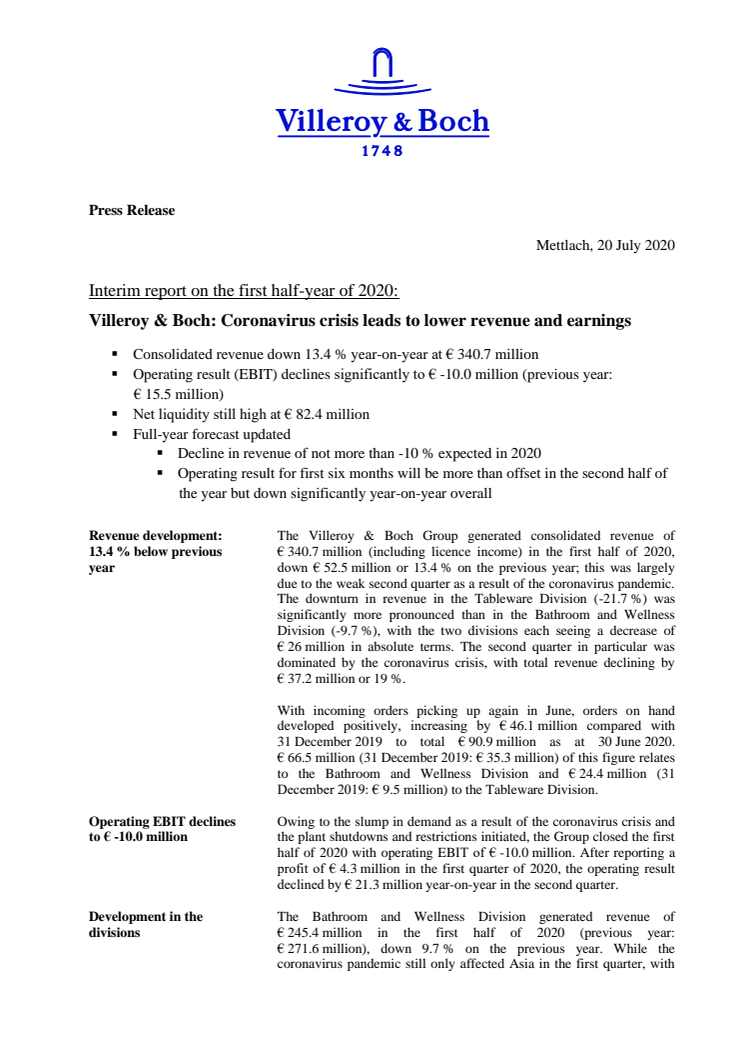 Interim report on the first half-year of 2020:  Coronavirus crisis leads to lower revenue and earnings 