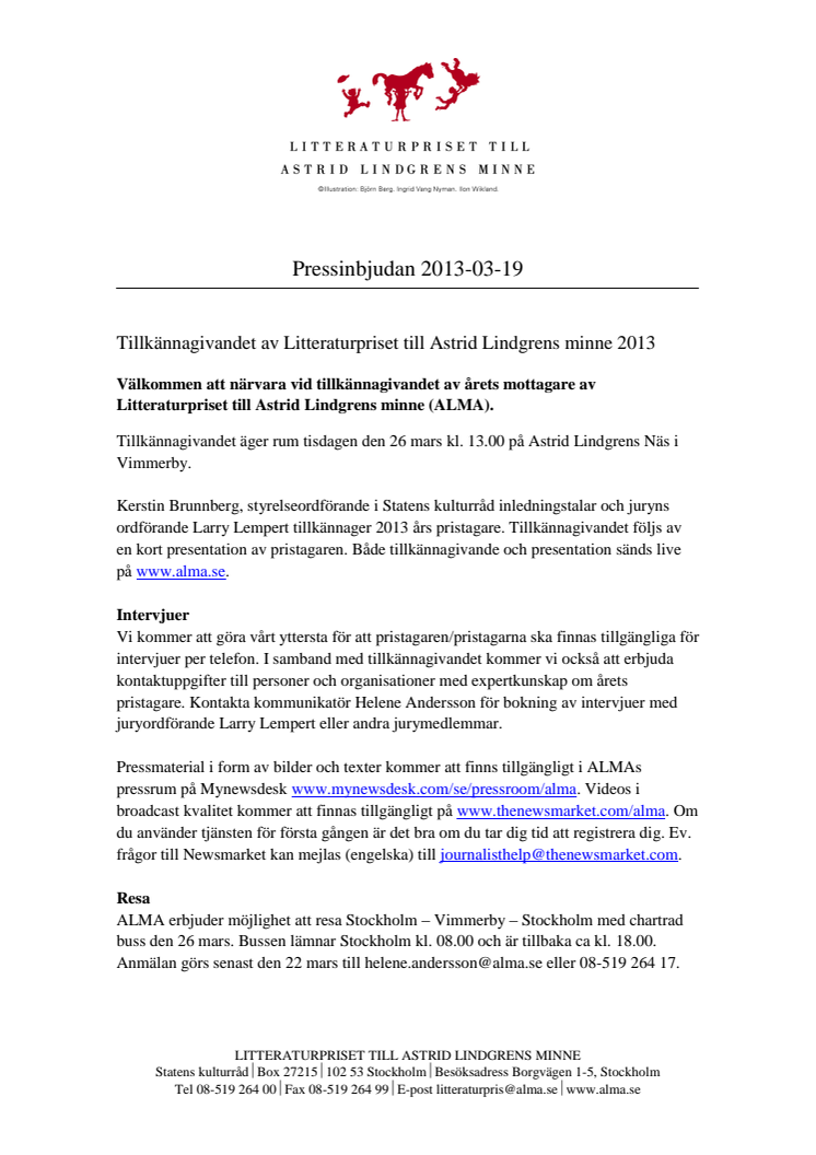 Pressinbjudan: Tillkännagivandet av Litteraturpriset till Astrid Lindgrens minne 2013
