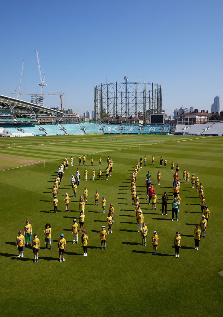 50 Days To Go. Players from all eight The Hundred teams pose with 100 Dynamos participants to mark 50 days to go until the competition starts.