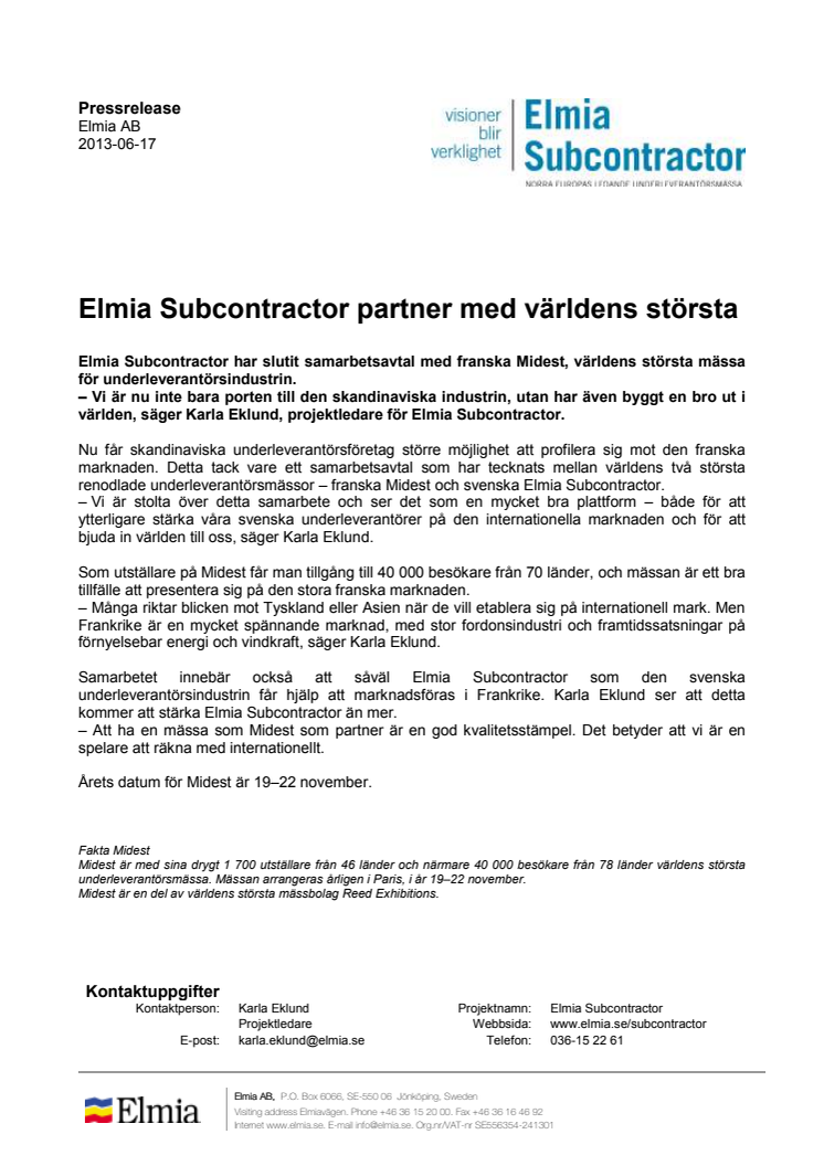 Elmia Subcontractor partner med världens största