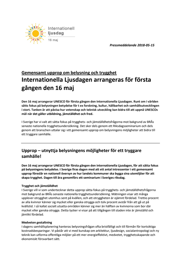 Gemensamt upprop om belysning och trygghet  - Internationella Ljusdagen arrangeras för första gången den 16 maj