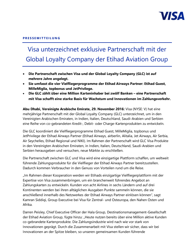  Visa unterzeichnet exklusive Partnerschaft mit der Global Loyalty Company der Etihad Aviation Group