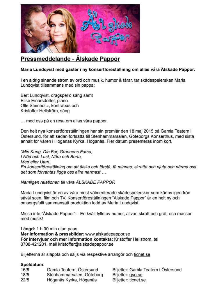 Skådespelerskan Maria Lundqvist med gäster i ny konsertföreställning om allas våra Älskade Pappor.