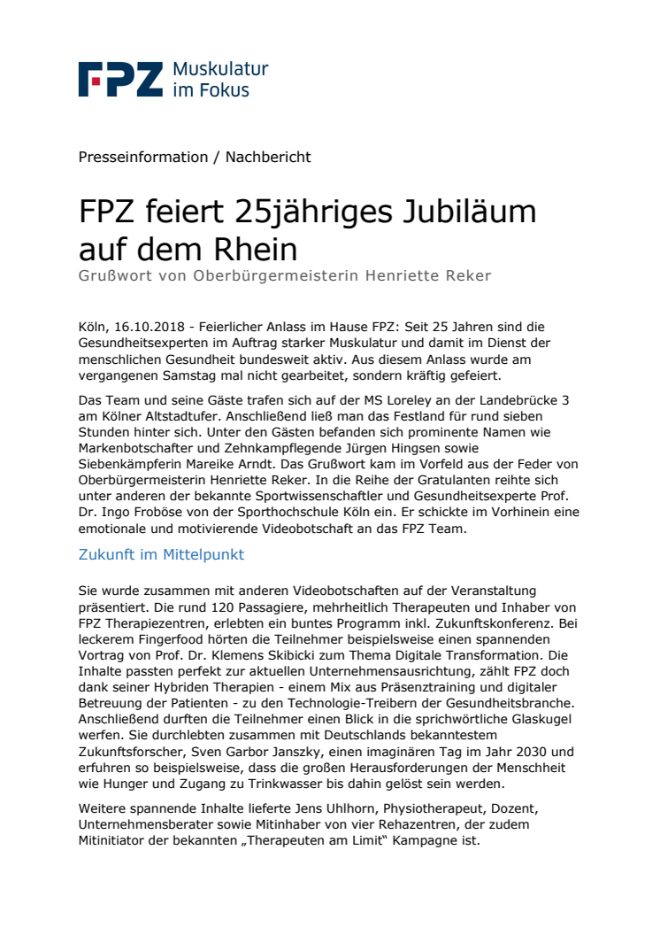 FPZ feiert 25jähriges Jubiläum auf dem Rhein -  Grußwort von Oberbürgermeisterin Henriette Reker 