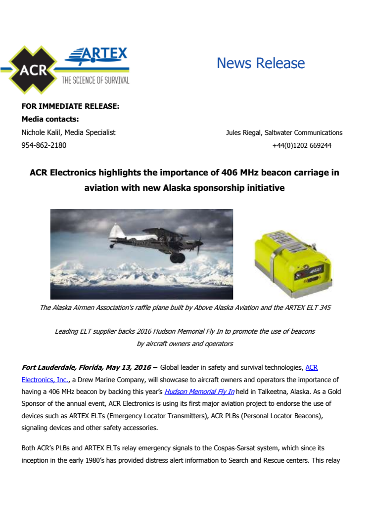  ACR Electronics Inc:  Highlights the Importance Of 406 Mhz Beacon Carriage in Aviation with New Alaska Sponsorship Initiative  