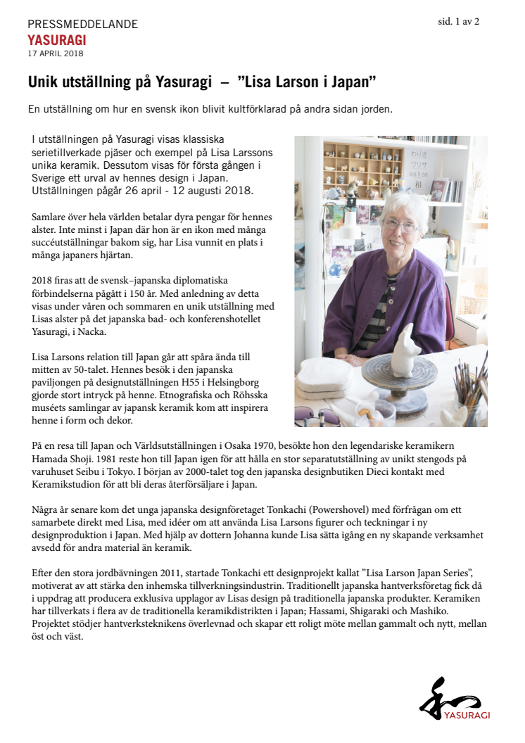 Unik utställning på Yasuragi – ”Lisa Larson i Japan”