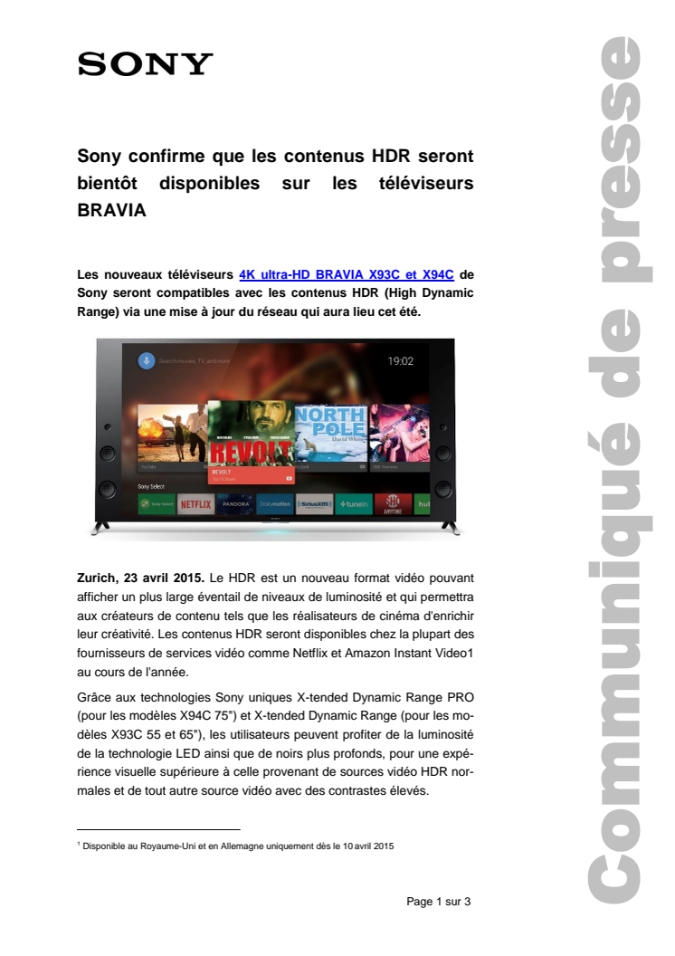 Sony confirme que les contenus HDR seront bientôt disponibles sur les téléviseurs BRAVIA