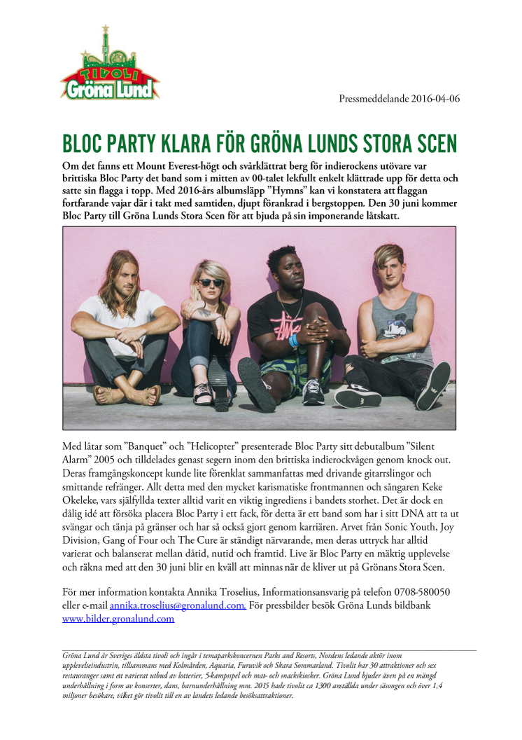 Bloc Party klara för Gröna Lunds Stora Scen