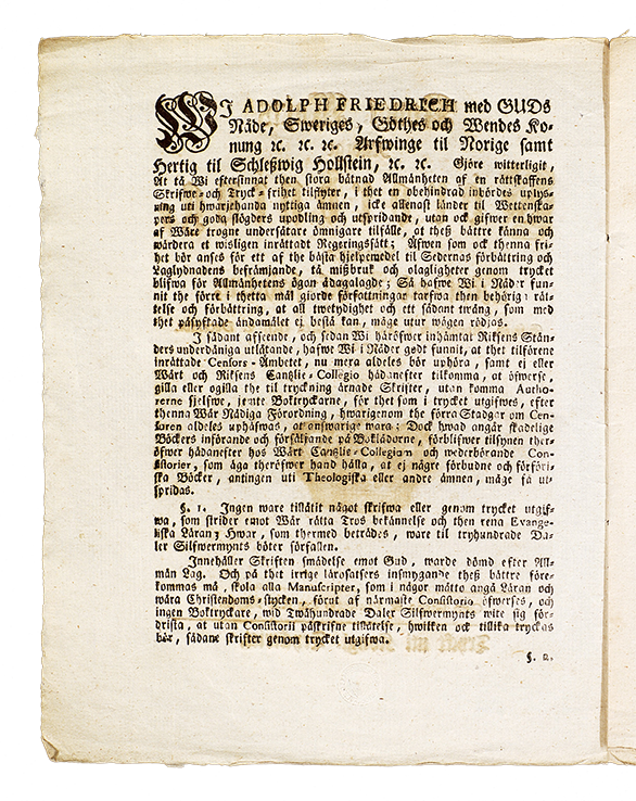 Helsida ur tryckfrihetsförordningen 1766 / Page from the Freedom of the Press Ordinance