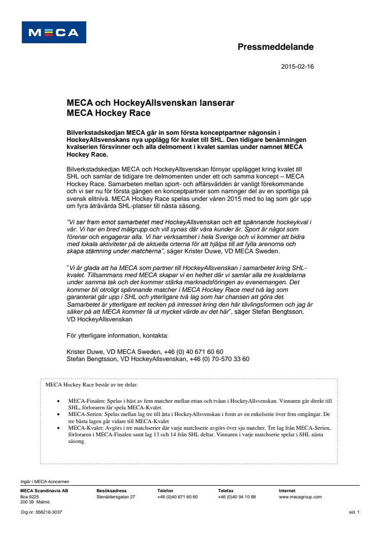 MECA och HockeyAllsvenskan lanserar MECA Hockey Race