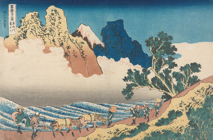 Avtrykk. Tresnitt fra fem århundrer. Katsushika Hokusai, Baksiden av Fuji sett fra Minobuelven, fargetresnitt, første halvdel av 1830-årene.