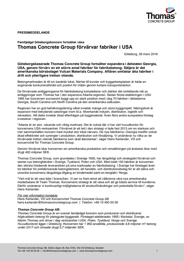 Thomas Concrete Group förvärvar fabriker i USA