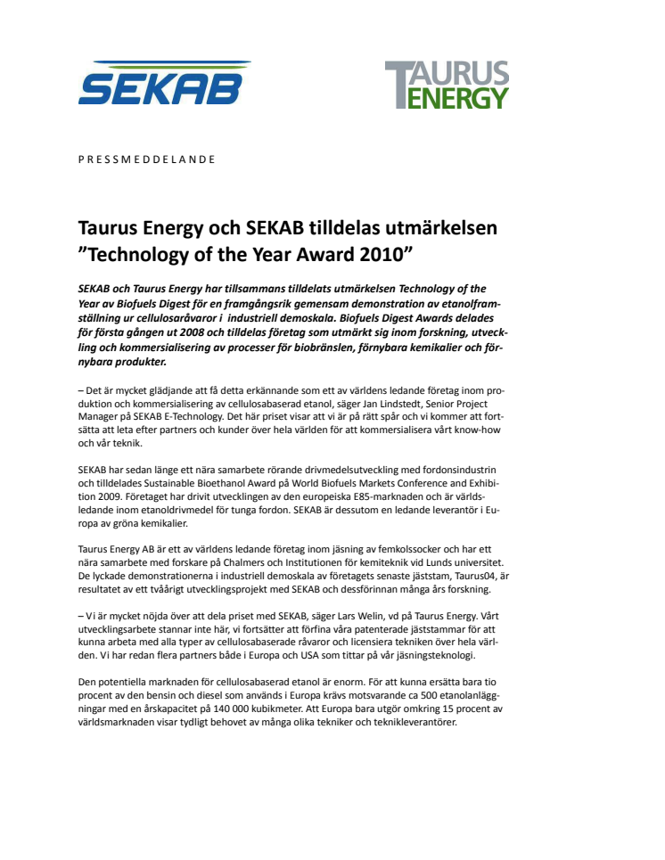 Taurus Energy och SEKAB tilldelas utmärkelsen ”Technology of the Year Award 2010” 