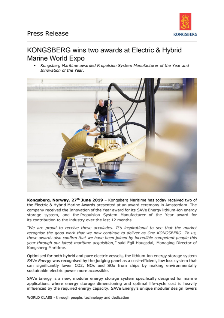 KONGSBERG wins two awards at Electric & Hybrid Marine World Expo