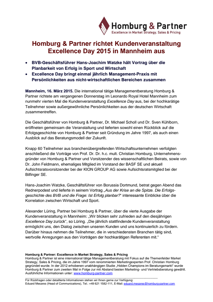 Homburg & Partner richtet Kundenveranstaltung Excellence Day 2015 in Mannheim aus 