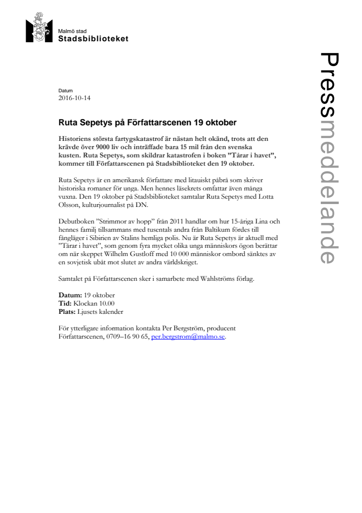 Ruta Sepetys på Författarscenen 19 oktober