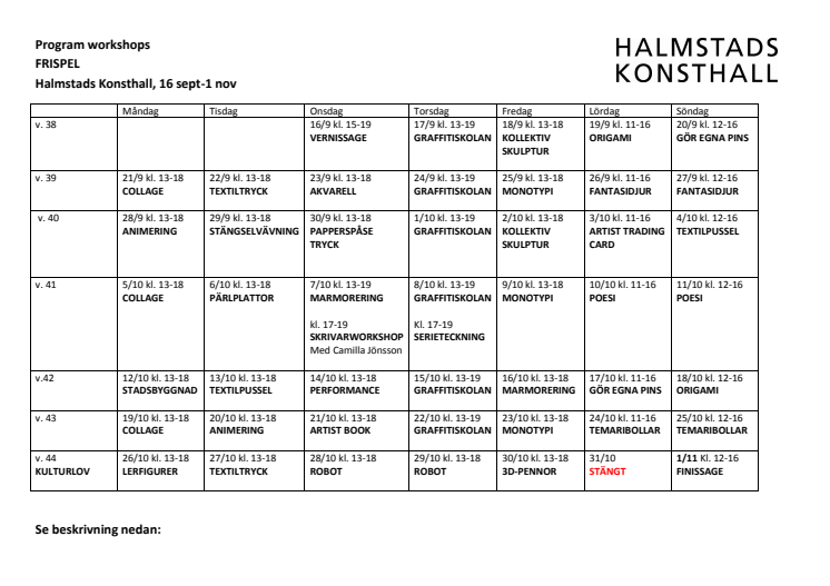 Program för workshops för Frispel på Halmstads Konsthall