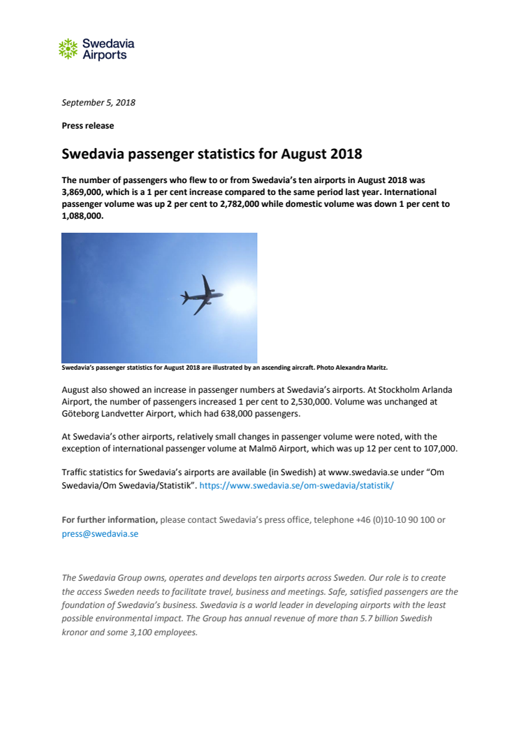 Swedavia passenger statistics for August 2018
