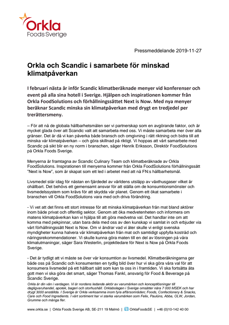 Orkla och Scandic i samarbete för minskad klimatpåverkan