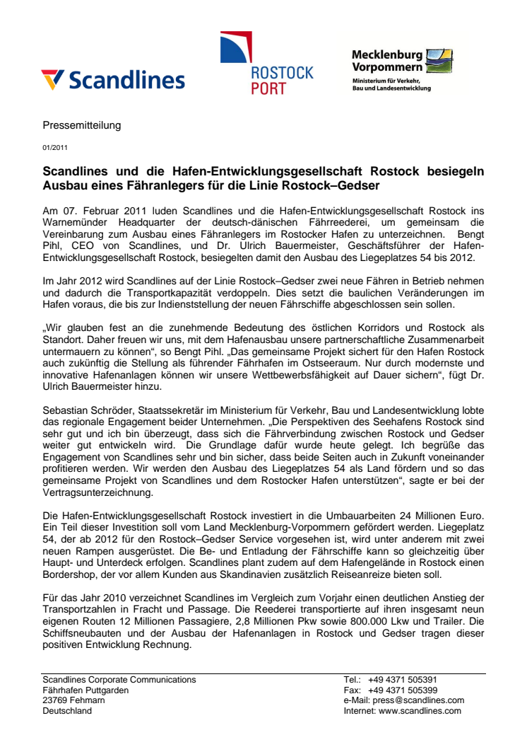 Scandlines und die Hafen-Entwicklungsgesellschaft Rostock besiegeln Ausbau eines Fähranlegers für die Linie Rostock–Gedser