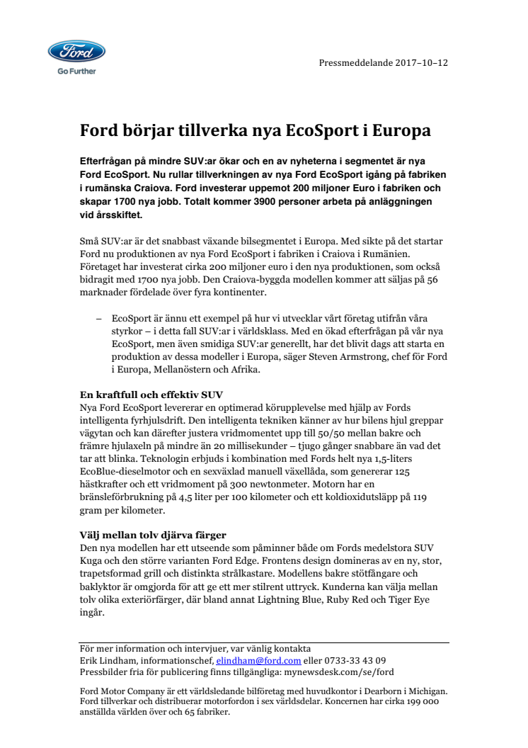 Ford börjar tillverka nya EcoSport i Europa