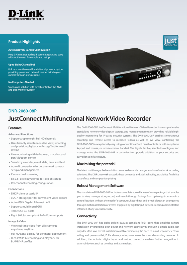 Produktblad, JustConnect NVR, DNR-2060-08P