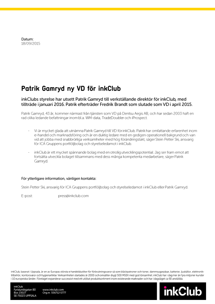 Patrik Gamryd ny VD för inkClub