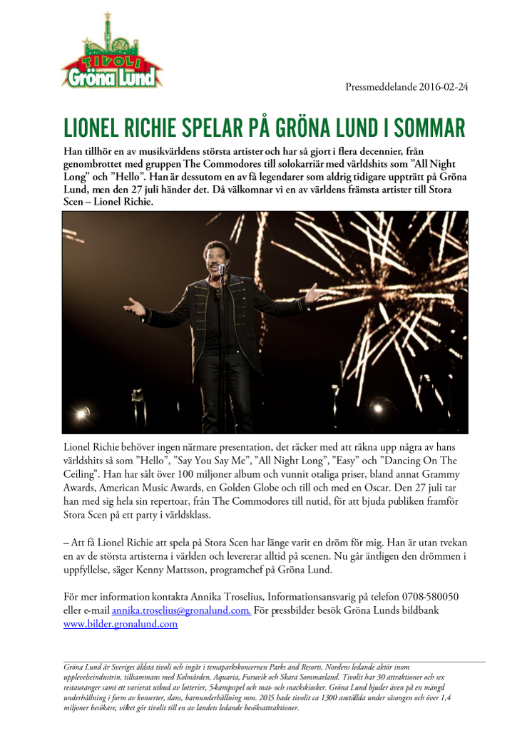 Lionel Richie spelar på Gröna Lund i sommar