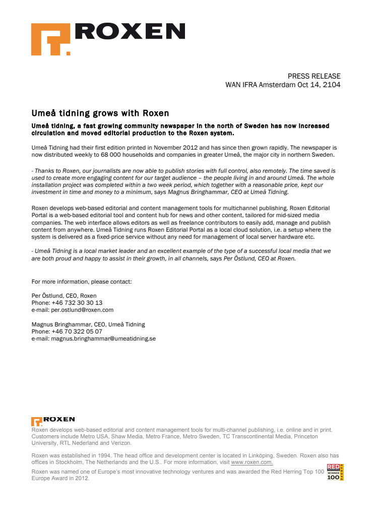 Umeå tidning grows with Roxen