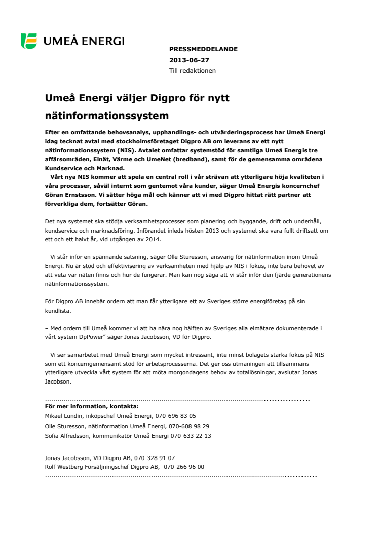 Umeå Energi väljer Digpro för nytt nätinformationssystem