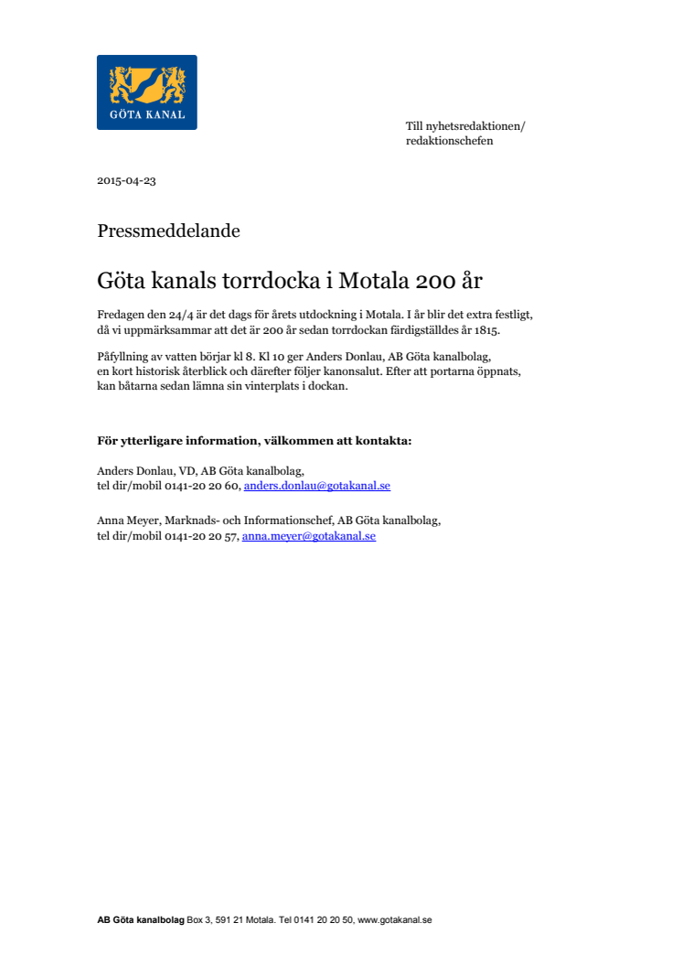 Göta kanals torrdocka i Motala 200 år, utdockning fredag 24/4
