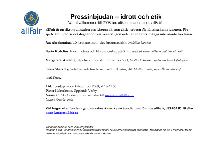 Pressinbjudan – idrott och etik