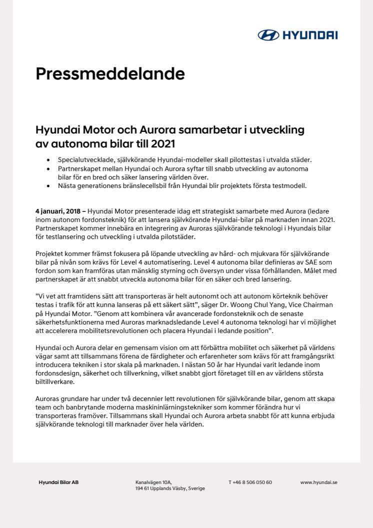 Hyundai Motor och Aurora samarbetar i utveckling  av autonoma bilar till 2021
