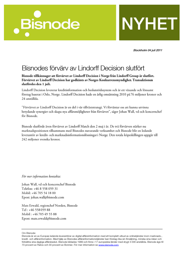 Bisnodes förvärv av Lindorff Decision slutfört
