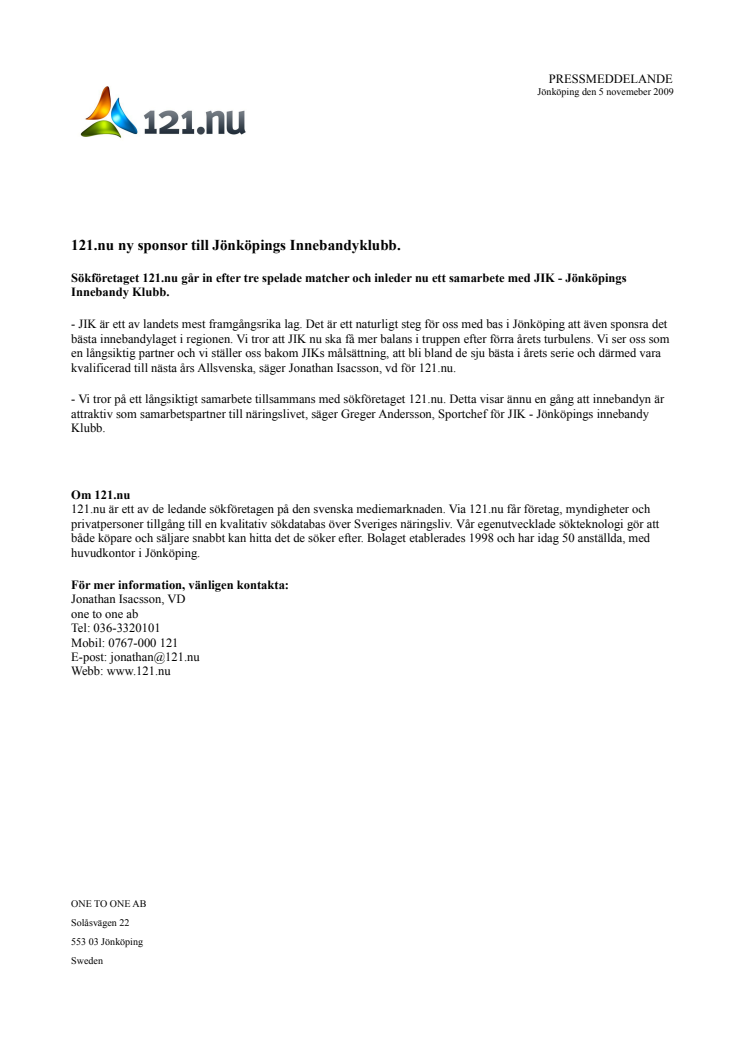 121.nu ny sponsor till Jönköpings Innebandyklubb.