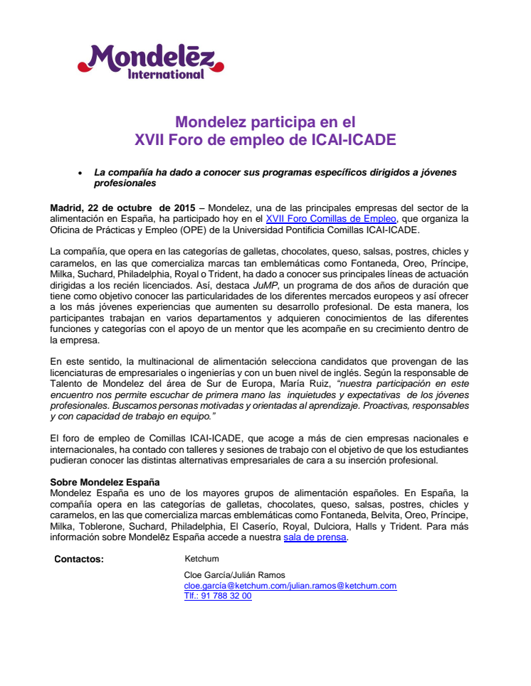 Mondelez participa en el XVII Foro de empleo de ICAI-ICADE 