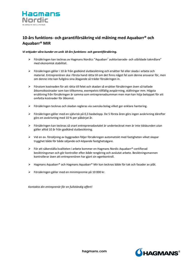 Unik  10-års Funktions- och Garantiförsäkring vid målning med Hagmans Aquabarr®