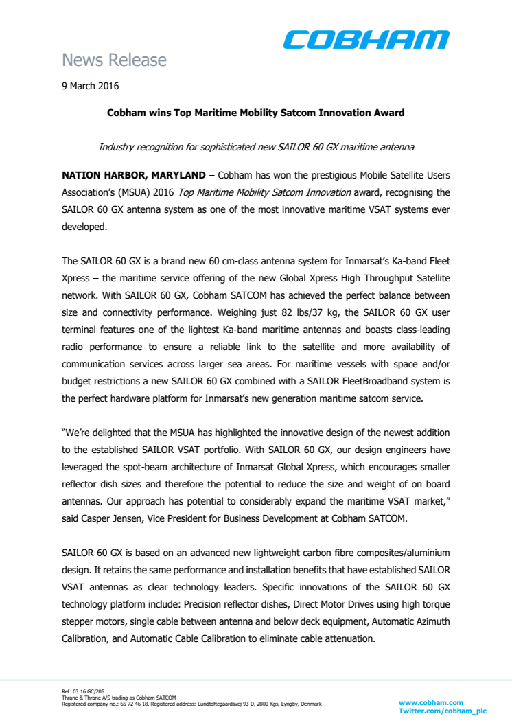 Cobham SATCOM: Cobham Wins Top Maritime Mobility Satcom Innovation Award