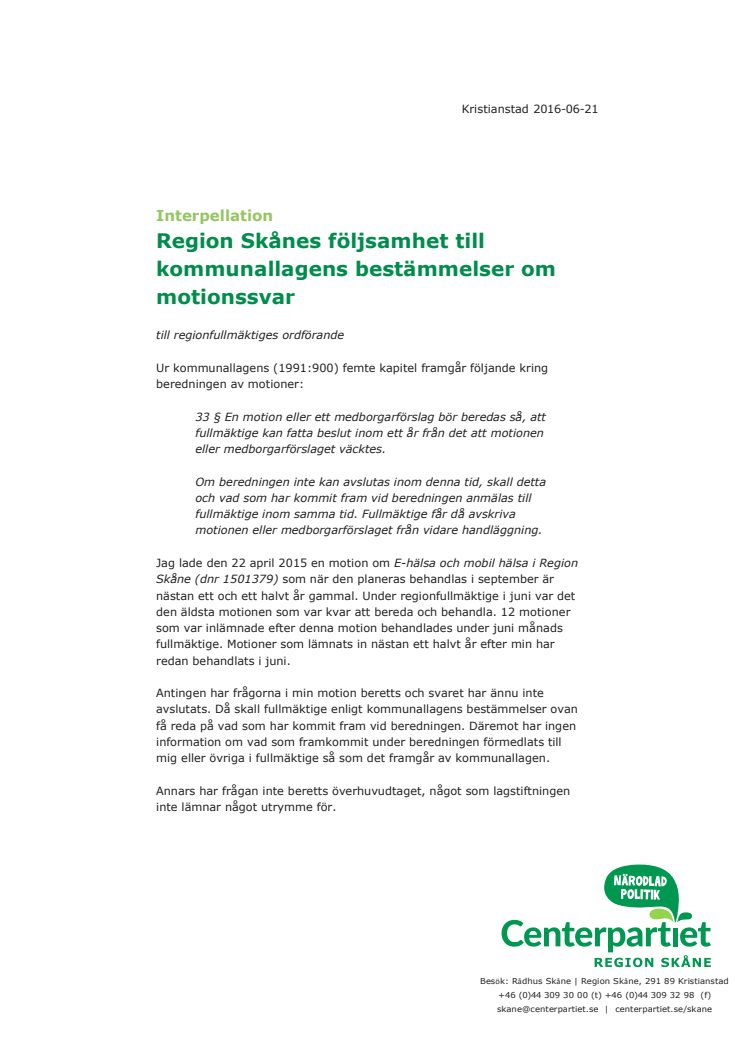 Interpellation - Kommunallagens regler om motioner