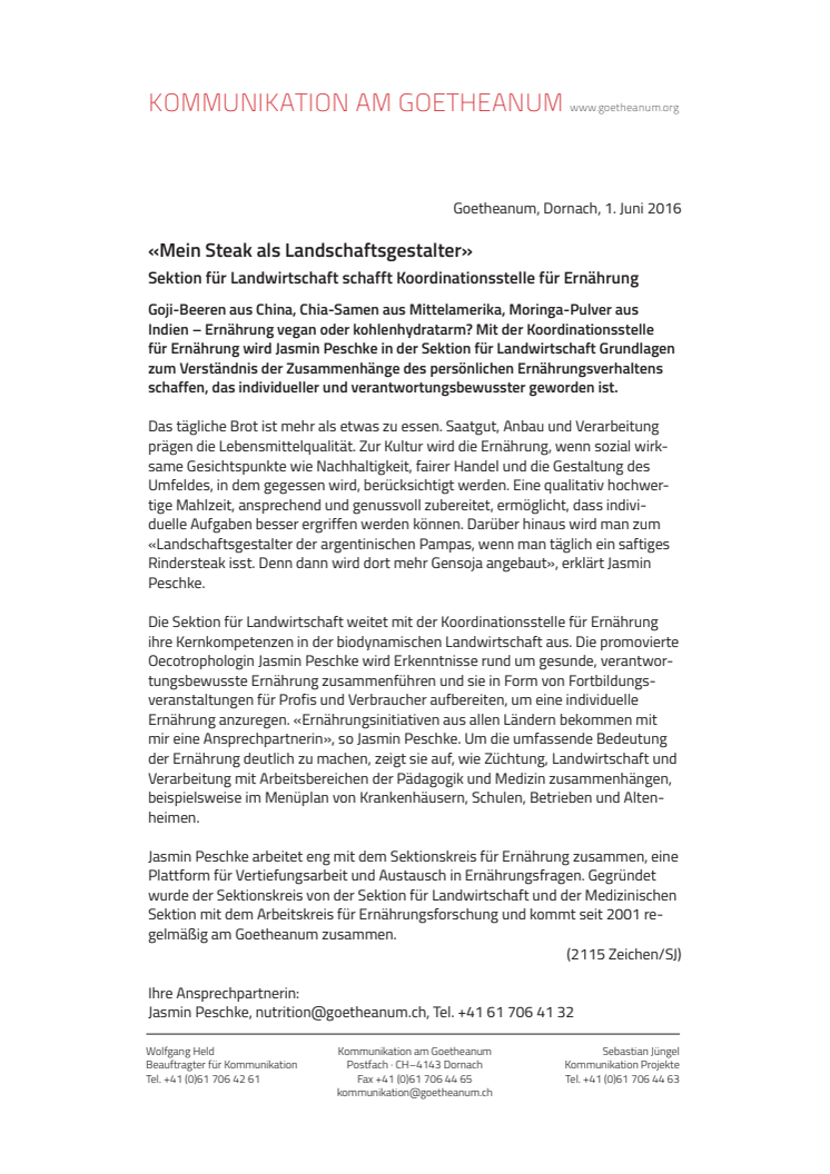 Neu: Koordinationsstelle für Ernährung am Goetheanum