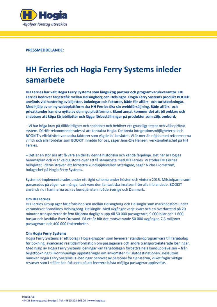 HH Ferries och Hogia Ferry Systems inleder samarbete