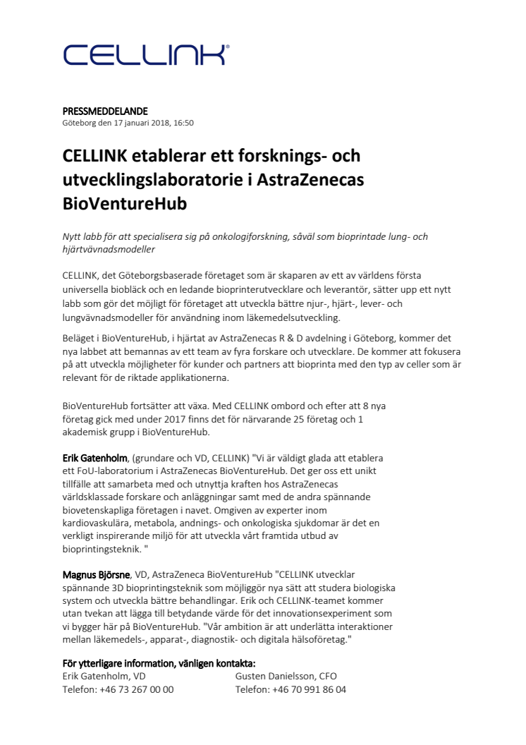 CELLINK etablerar ett forskning- och utvecklingslabb i AstraZenecas BioVentureHub