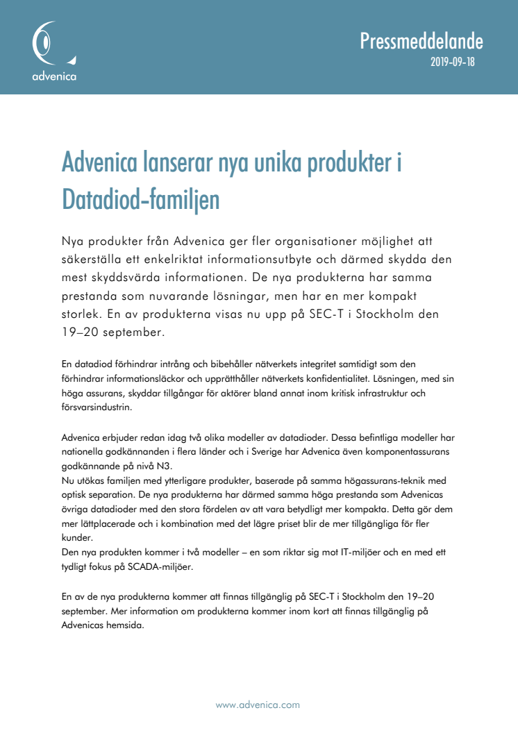 Advenica lanserar nya unika produkter i Datadiod-familjen