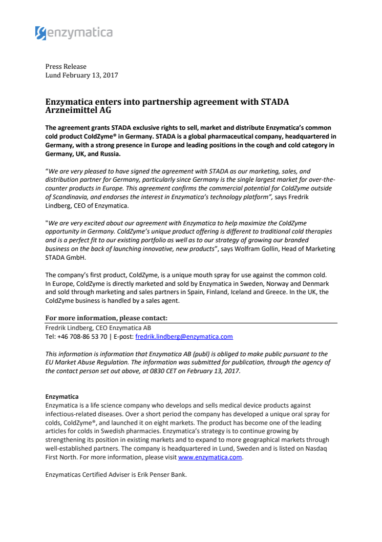 Enzymatica enters into partnership agreement with STADA Arzneimittel AG 