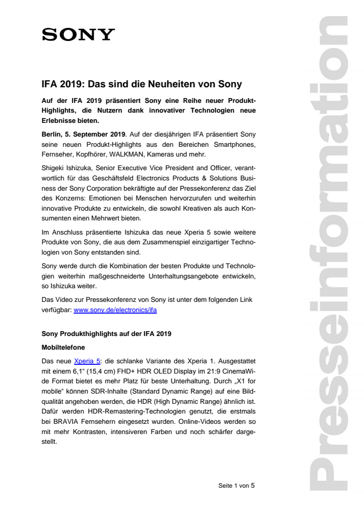 IFA 2019: Das sind die Neuheiten von Sony 